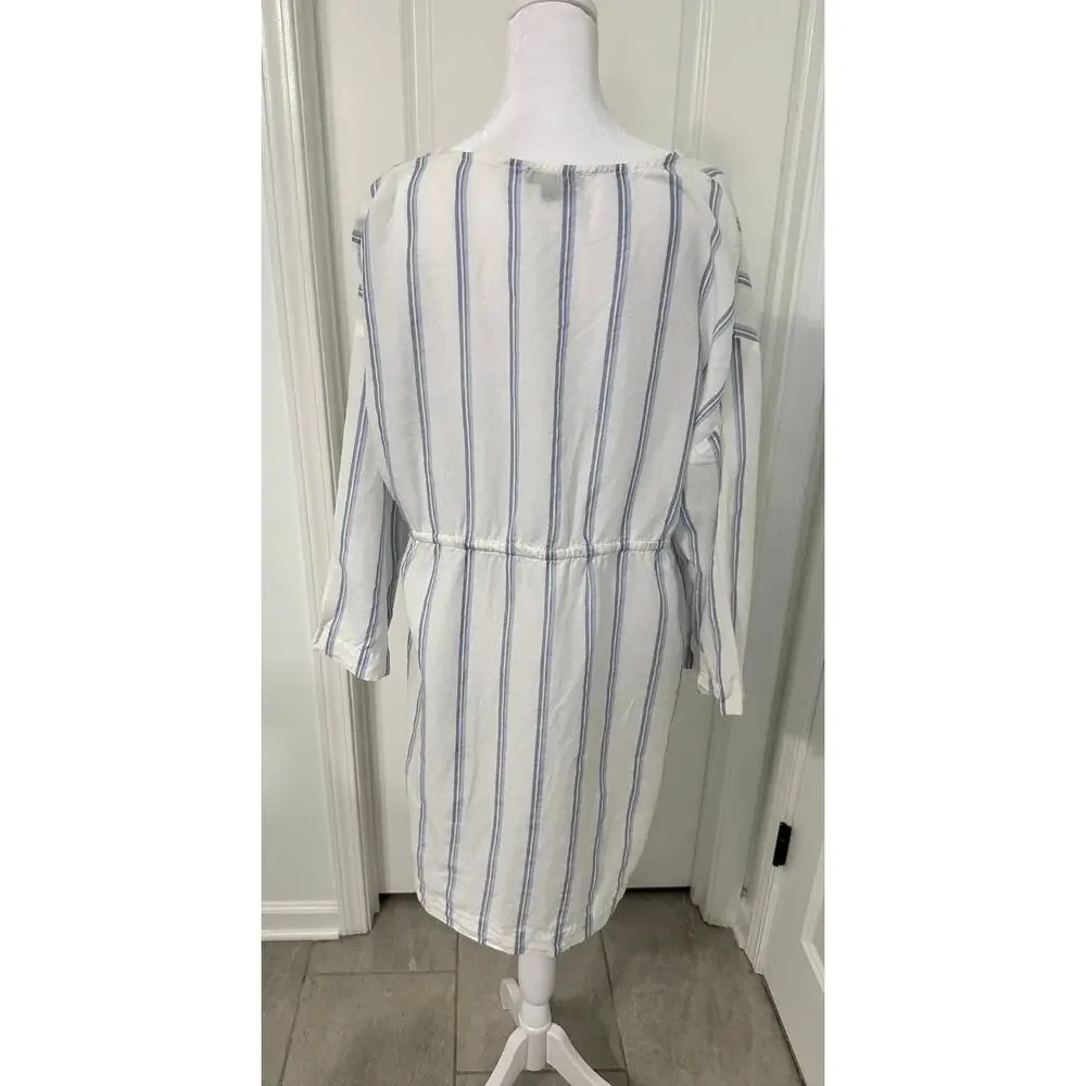🤍💙 J.Crew V-Neck Linen Cotton Tunic Coverup Dress Size L Striped Chic ✨ - Picture 3 of 4